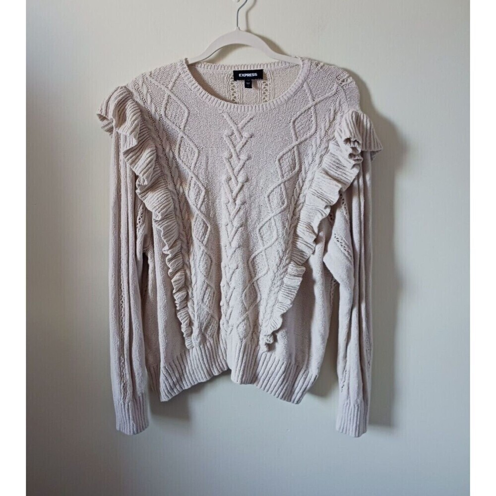 Express Cream Ruffle Cable Knit Sweater
